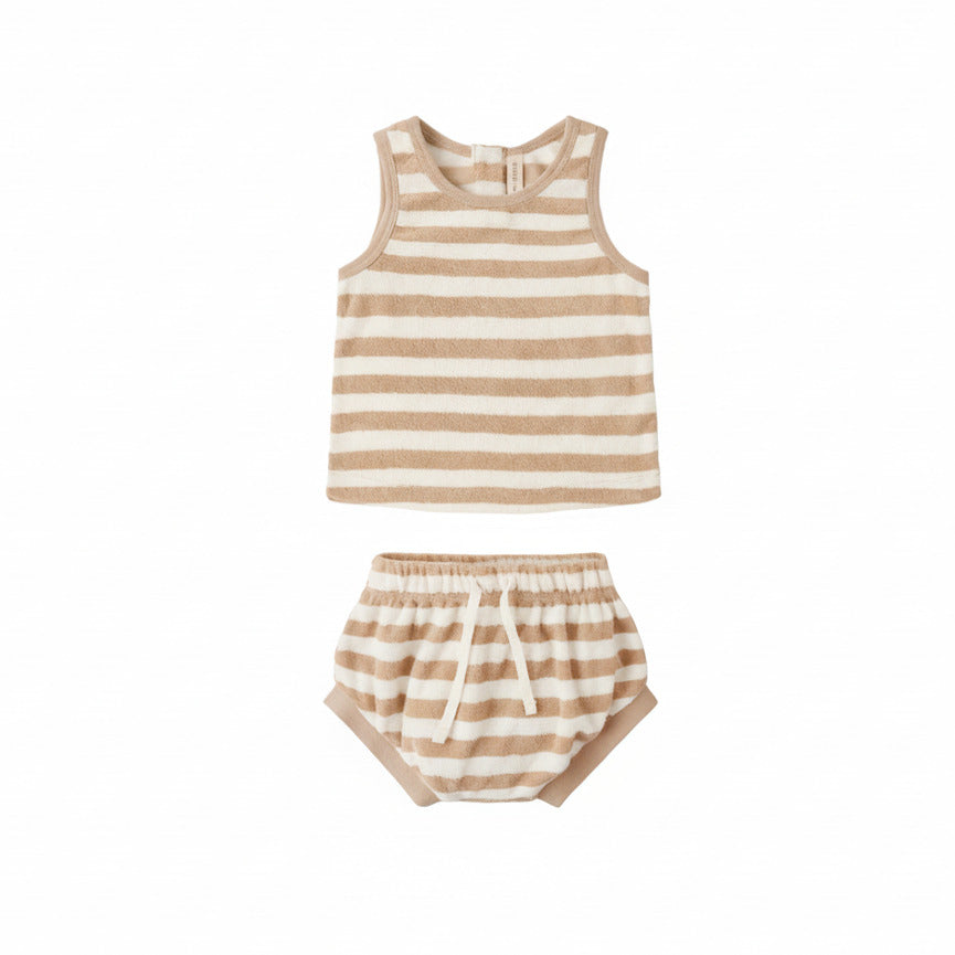 Latte Stripe Terry Tank + Shorts - Quincy Mae