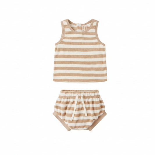 Latte Stripe Terry Tank + Shorts - Quincy Mae