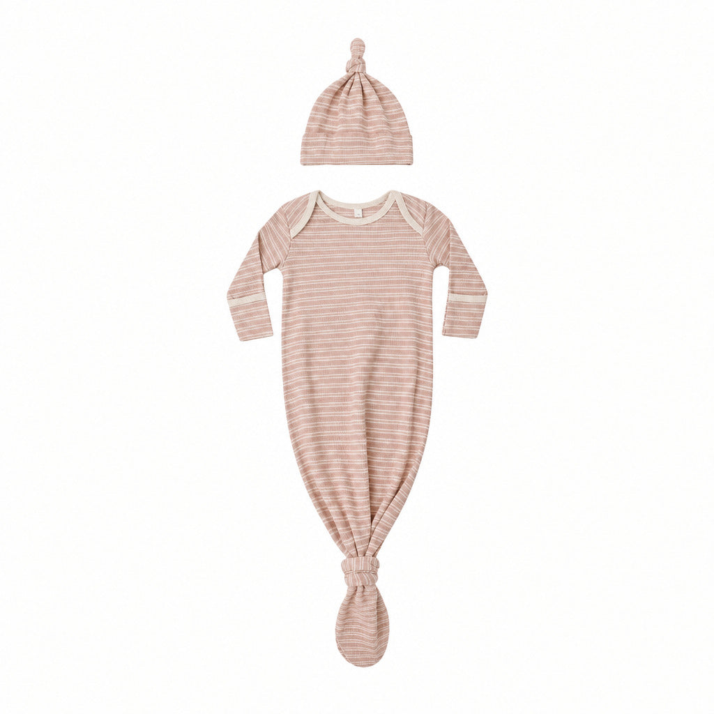 Dusty Rose Microstripe Knotted Gown + Hat Set - Quincy Mae