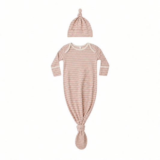 Dusty Rose Microstripe Knotted Gown + Hat Set - Quincy Mae