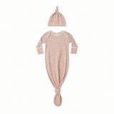 Dusty Rose Microstripe Knotted Gown + Hat Set - Quincy Mae