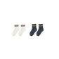 Two pairs of socks, one white and one navy, with striped cuffs on a white background.