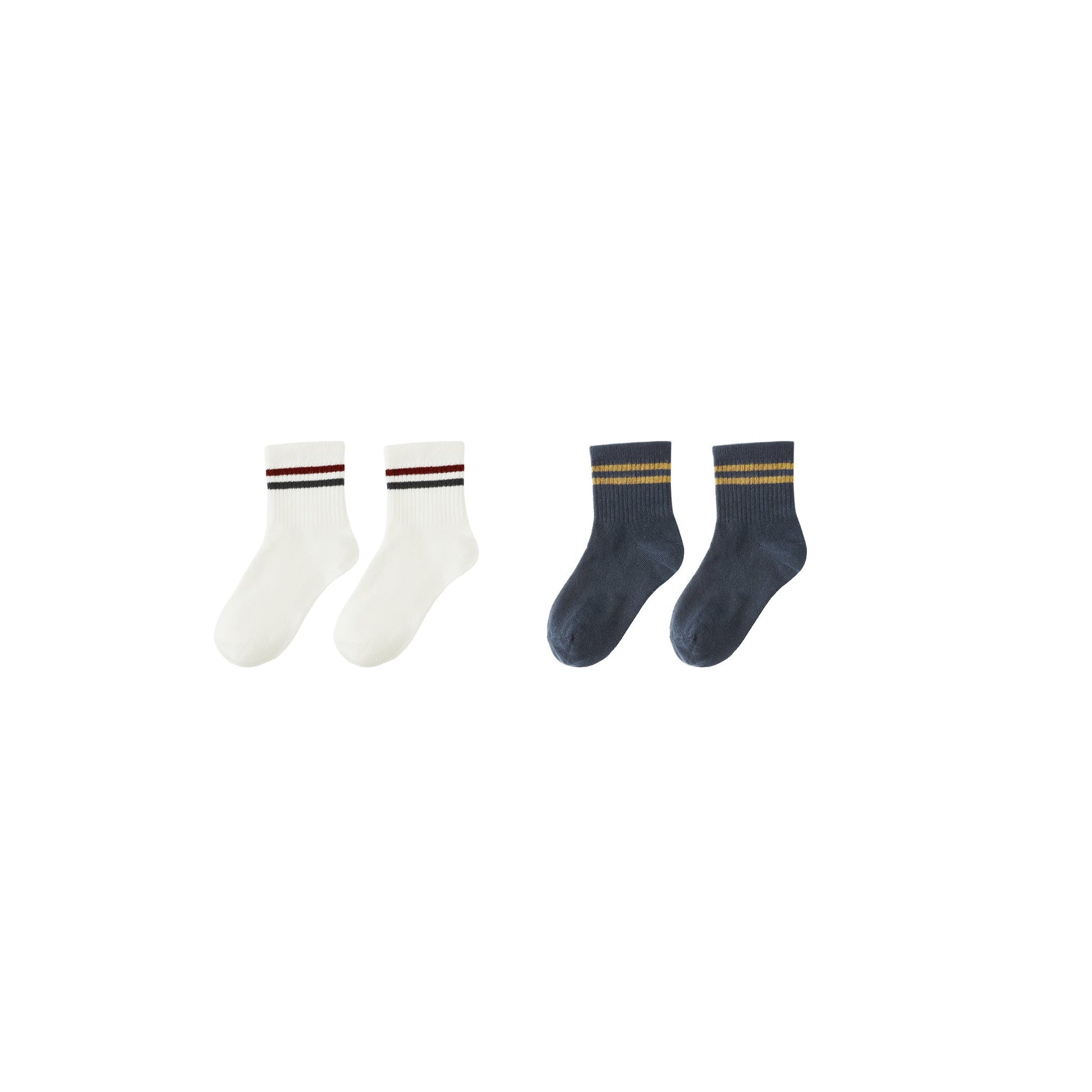 Two pairs of socks, one white and one navy, with striped cuffs on a white background.