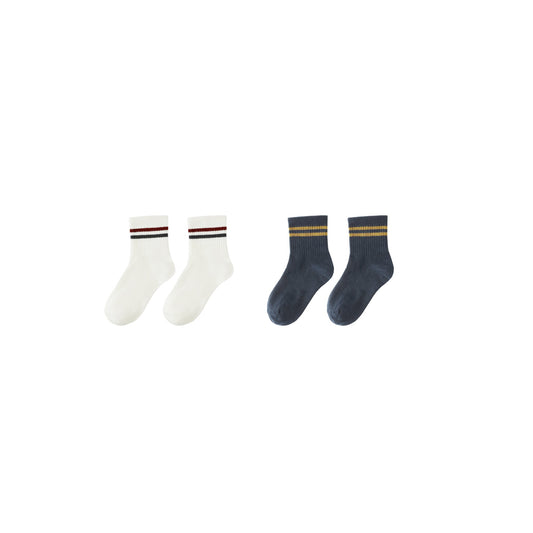 Two pairs of socks, one white and one navy, with striped cuffs on a white background.