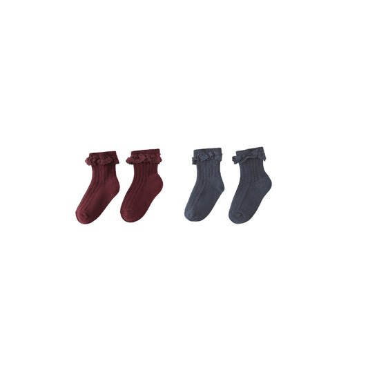 Two pairs of socks, one burgundy and one navy, with a lace trim top on a white background