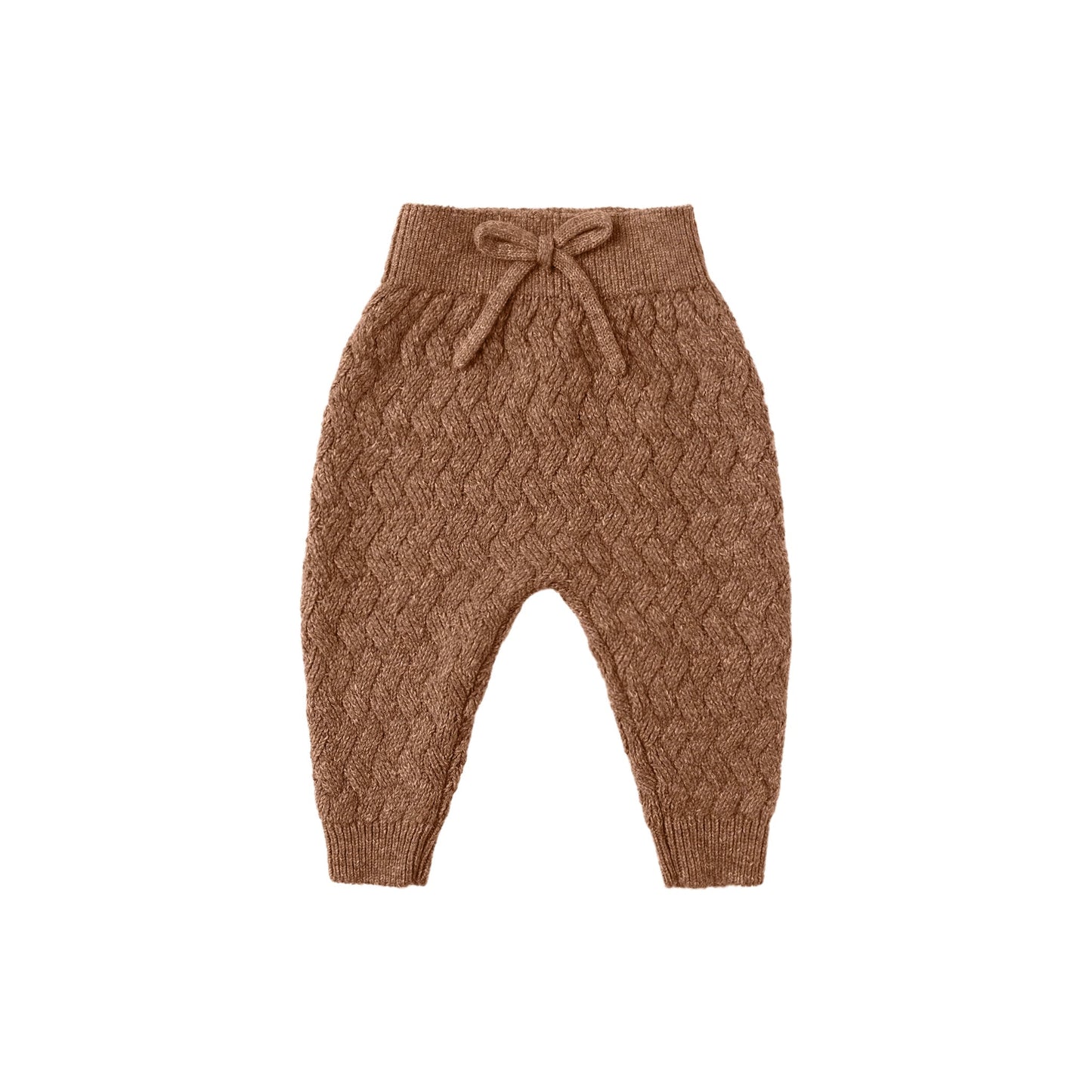Cedar brown knitted baby pants with a drawstring bow on a white background