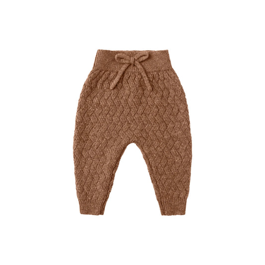 Cedar brown knitted baby pants with a drawstring bow on a white background