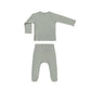 Fern green baby outfit with long-sleeve top and pants on a white background