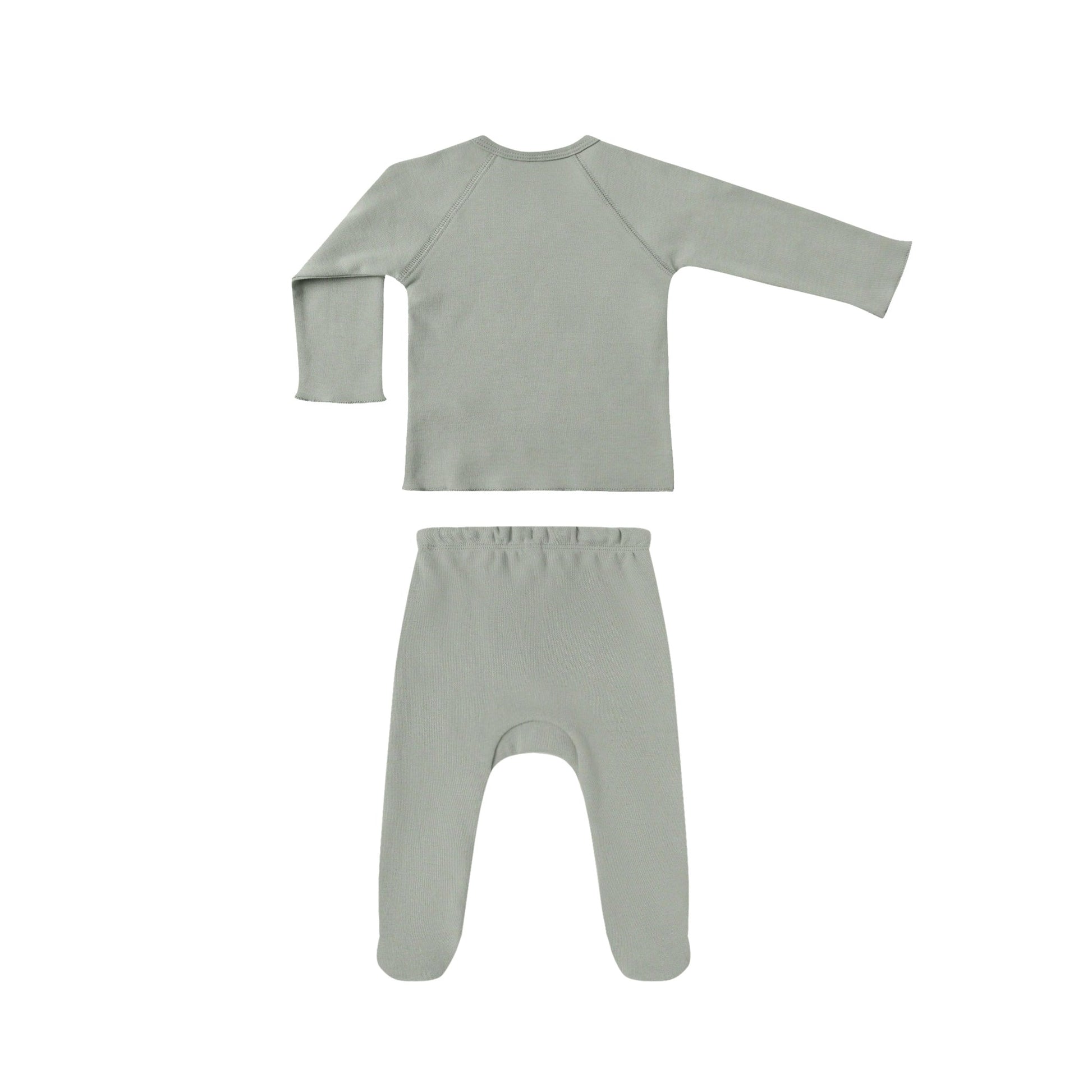 Fern green baby outfit with long-sleeve top and pants on a white background