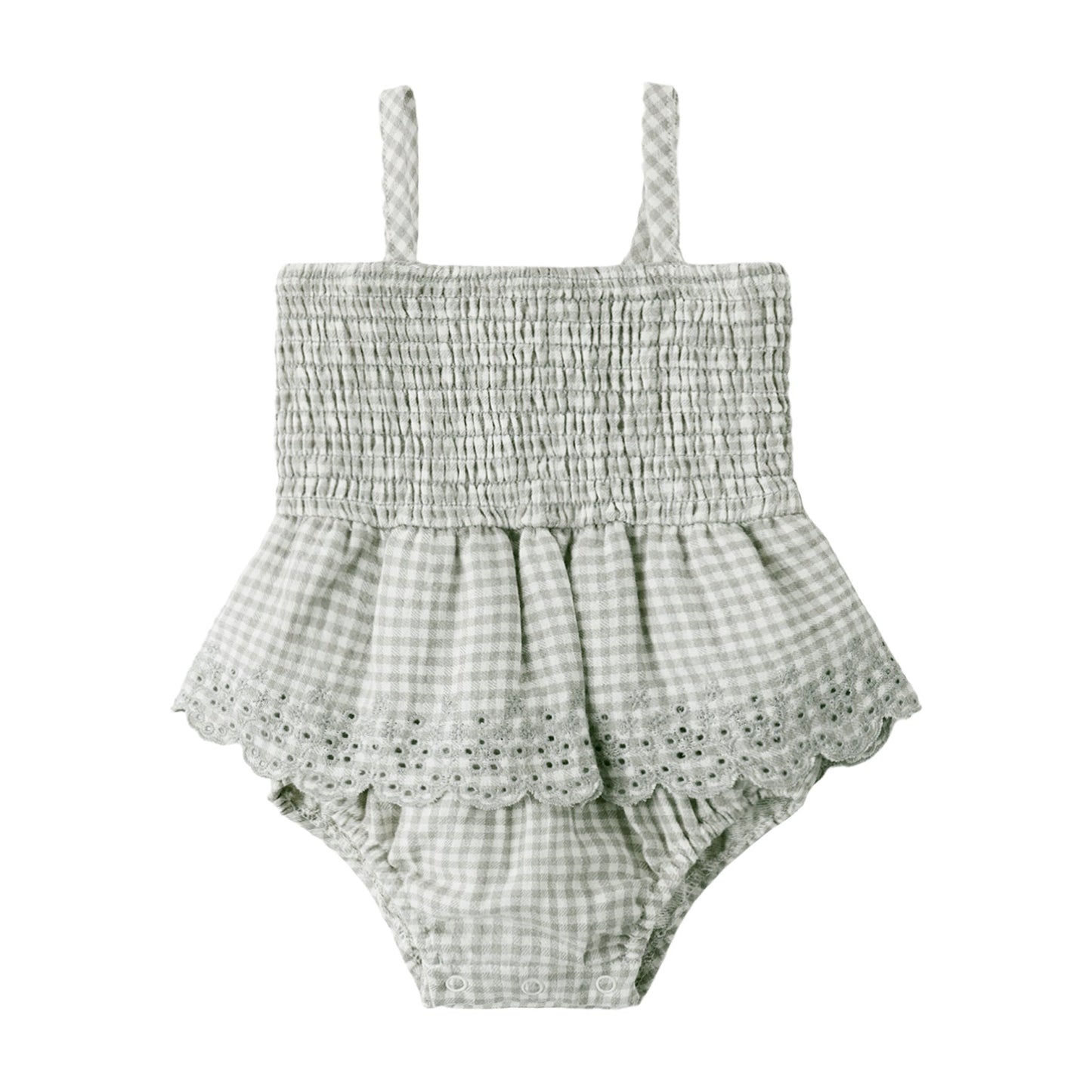 Sage Gingham Smocked Skirted Romper - Quincy Mae