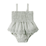 Sage Gingham Smocked Skirted Romper - Quincy Mae