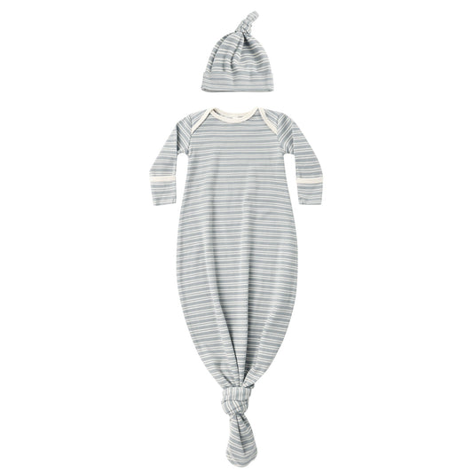 Steel Blue Micro Stripe Knotted Gown + Hat Set - Quincy Mae