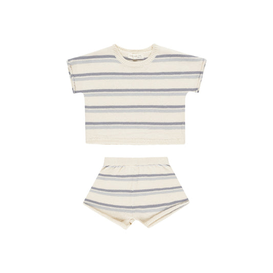 Blue Stripe Relaxed Summer Knit Tee + Short Set - Quincy Mae