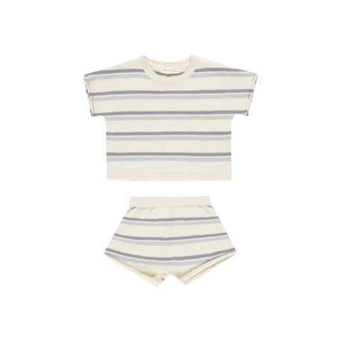 Blue Stripe Relaxed Summer Knit Tee + Short Set - Quincy Mae