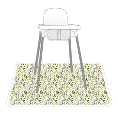 digital image of highchair with colorful floral print splash mat under chair