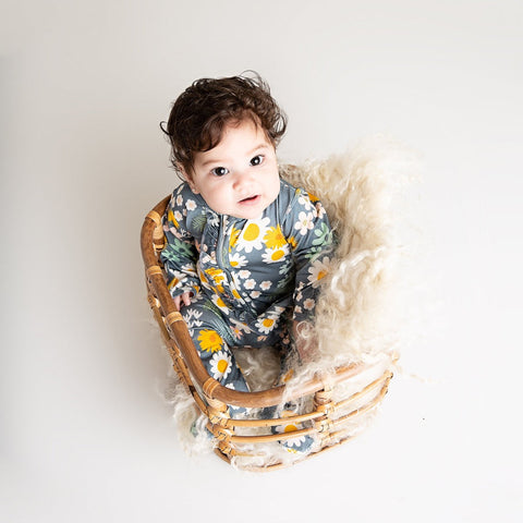 Blue Daisy Floral Bamboo Footed Pajamas - Emerson and Friends