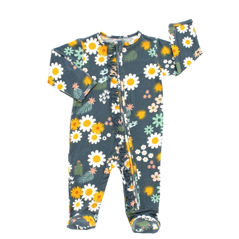 Blue Daisy Floral Bamboo Footed Pajamas - Emerson and Friends